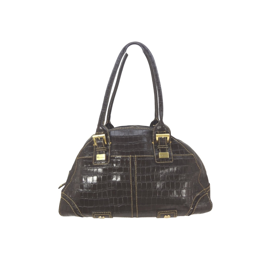 MAXXIMUM Croc Embossed Satchel Dark Brown Gold Hardware Double‎ Zip Top Handle